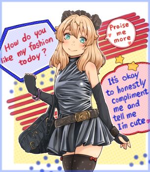 1girl abstract_background alternate_costume belt black_bag black_gloves black_thighhighs blonde_hair blue_background blue_border blue_eyes blush border bow bow_legwear bracelet bridget_(guilty_gear) brown_belt brown_headdress brown_wrist_cuffs closed_mouth commentary double-parted_bangs dress elbow_gloves english_commentary english_text fingerless_gloves gloves grey_dress guilty_gear heart highres jewelry looking_at_viewer medium_hair polka_dot polka_dot_background purple_background red_background red_bow single_wrist_cuff sleeveless sleeveless_dress smile solo speech_bubble star_(symbol) sugajyun thighhighs white_background wrist_cuffs yellow_background zettai_ryouiki