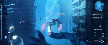 1girl absurdres asteroid_ill backpack bag brown_bag bubble fake_screenshot gen_1_pokemon gen_3_pokemon highres luvdisc magikarp milotic minimap nintendo pokemon pokemon_(creature) pokemon_focus riding riding_pokemon ruins scenery submerged tail underwater user_interface wartortle water wide_shot
