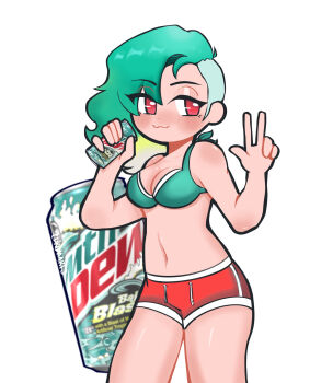 Rule 34 | 1girl, :3, aqua bikini, asymmetrical hair, bikini, bikini top only, blush, breasts, can, cdromarts, cleavage, closed mouth, commentary, drink can, english commentary, eyelashes, highres, holding, holding can, long hair, mountain dew, navel, original, red eyes, red shorts, second-party source, shorts, sidecut, simple background, smile, soda can, solo, stomach, swimsuit, undercut, w, white background