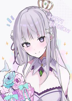 1girl bare_shoulders blue_bow blunt_bangs bouquet bow braid bug butterfly commentary_request crown emilia_(re:zero) english_text flower gem green_gem hair_ornament happy_birthday highres holding holding_bouquet insect light_blush mini_crown notice_lines polka_dot purple_eyes re:zero_kara_hajimeru_isekai_seikatsu shima_(fm_90mhz) sidelocks smile solo star_(symbol) upper_body white_hair