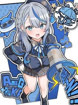 1girl :d absurdres amagai_ruka blue_eyes blue_hair blue_ribbon blue_skirt braid breasts collared_shirt commentary_request dot_nose ear_piercing gloves gradient_hair grey_hair hair_between_eyes hair_ornament hand_on_own_hip hat highres holding holding_megaphone large_breasts long_sleeves looking_at_viewer megaphone men_(amagai_ruka) multicolored_hair musical_note open_mouth piercing ribbon shirt simple_background skirt smile star_(symbol) thick_thighs thighs umbrella virtual_youtuber weather_planet white_gloves x_hair_ornament yadokaribeer