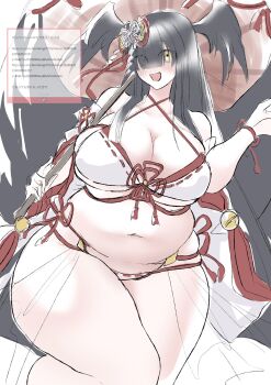 1girl bikini black_hair black_wings blush bombergirl bow breasts cleavage covered_eyes detached_sleeves hair_bow hair_ornament hair_over_eyes head_wings highres holding holding_umbrella huge_breasts japanese_clothes karasuba_hiiro long_bangs long_hair miko navel open_mouth plump red_bikini reference_inset sameno_(samesame73saba) side-tie_bikini_bottom sidelocks smile solo standing straight_hair swimsuit thick_thighs thighs umbrella white_background white_bikini wide_hips wings wristband yellow_eyes
