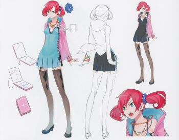 &gt;:) 1girl black_bra black_dress black_panties black_shoes blue_dress blue_eyes blue_scrunchie bra breasts cellphone cleavage concept_art cross-laced_clothes digimon digimon_story:_cyber_sleuth dress female_focus full_body garter_straps grey_thighhighs highres jacket jewelry lace lace-trimmed_bra lace_trim necklace official_art panties phone pigeon-toed pink_jacket polka_dot polka_dot_scrunchie print_dress print_thighhighs red_hair reference_sheet ring scrunchie shiramine_nokia shoes side-tie_panties simple_background smartphone solo thighhighs twintails underwear yasuda_suzuhito