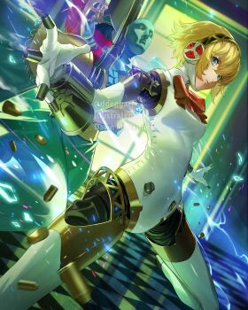 1girl aigis_(persona) android black_hairband blonde_hair blue_eyes bow bowtie bullet closed_mouth commentary commission commissioner_name daniel_deng english_commentary gold_trim hair_between_eyes hairband highres joints looking_at_viewer palladion persona persona_3 persona_3_reload red_bow red_bowtie robot_ears robot_joints serious short_hair solo twitter_username