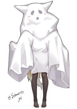 animal_ears arknights brown_thighhighs full_body ghost_costume halloween highres lifting_person m_legs mother_and_daughter pussy_juice signature simple_background spread_legs stmast suzuran_(arknights) thighhighs vulpisfoglia_(arknights) white_background