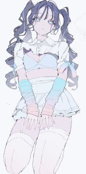 1girl arm_ribbon arm_warmers black_hair blue_bra blue_eyes blue_ribbon blue_skirt bra breasts buttons center_opening cleavage closed_mouth commentary_request crop_top crop_top_overhang curly_hair detached_sleeves expressionless fingernails garter_straps hands_on_own_thighs high-waist_skirt kneeling light_blush long_fingernails long_hair looking_at_viewer miniskirt multicolored_arm_warmers multicolored_hair multicolored_ribbon namu_ta03 original own_hands_together ribbon short_sleeves skirt small_breasts solo streaked_hair thighhighs twintails underwear white_background white_thighhighs