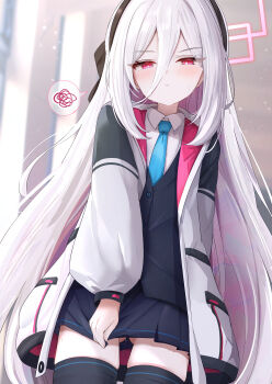 1girl absurdres blue_archive blue_necktie commentary_request cosplay flasher_(flasher_ura) halo highres jacket kei_(blue_archive) kei_(new_body)_(blue_archive) loli long_hair necktie skirt solo thighhighs variant_set white_hair