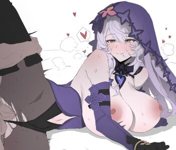 1boy 1girl black_swan_(honkai:_star_rail) blush breasts detached_sleeves heart hetero honkai:_star_rail honkai_(series) large_breasts lying navel nipples on_side pantyhose purple_hair purple_sleeves purple_veil sex smile stomach torn_clothes torn_pantyhose veil white_background yamiiv yellow_eyes
