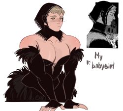 Rule 34 | 1boy, black corset, black dress, brown eyes, brown hair, chasticadushi, closed mouth, corset, cropped legs, crossdressing, dress, dungeon meshi, ear covers, elbow gloves, english text, fingerless gloves, fur-trimmed gloves, fur trim, gloves, highres, laios touden, large pectorals, looking at viewer, male focus, pectorals, reference inset, short hair, simple background, solo, toned, toned male, very short hair, white background