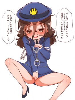 1girl :d black_necktie black_shoes blue_hat blue_jacket blue_skirt blush brown_eyes brown_hair collared_shirt cuffs freckles glasses hair_between_eyes handcuffs hat high_heels highres holding jacket loli long_hair looking_at_viewer low-tied_long_hair low_twintails muu_rian necktie nervous_smile nose_blush open_mouth original police police_hat police_uniform policewoman shirt shoes simple_background skirt smile solo translation_request twintails white_background white_shirt
