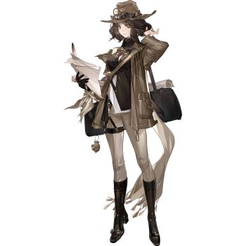 1girl animal_charm arknights bag binoculars black_gloves boots brown_bag brown_boots brown_eyes brown_hair brown_hat brown_jacket brown_pants brown_scarf brown_shirt brown_theme charm_(object) chuzenji closed_mouth collared_shirt fluffy_hair full_body gloves hand_in_own_hair hat headlamp holding holding_paper holding_scroll jacket jewelry knee_boots legs_apart light_smile long_sleeves looking_at_viewer official_art open_clothes open_jacket pants paper quill ring scarf scroll shirt shoulder_bag simple_background single_glove single_sidelock sleeveless sleeveless_shirt solo standing tachi-e thigh_strap third-party_source transparent_background treasure_hunter_(arknights) yellow_eyes