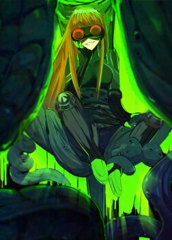 1girl ahoge arm_warmers artist_name black_bodysuit black_gloves black_pants bodysuit bodysuit_under_clothes boots breasts elbow_gloves elbow_pads gloves goggles green_boots green_gloves hand_up head_rest knee_pads long_hair medium_breasts mozuku_3 neon_trim oracle_(persona_5) orange_hair pants parted_lips persona persona_5 red-tinted_eyewear sakura_futaba sitting smile solo stirrup_legwear straight_hair tinted_eyewear toeless_legwear turtleneck very_long_hair