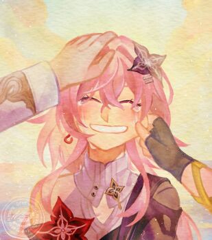 1girl 2boys black_flower buttons caelus_(honkai:_star_rail) cheek_pinching collar commentary dan_heng_(honkai:_star_rail) dan_heng_(hunt)_(honkai:_star_rail) earrings evernight_(honkai:_star_rail) fingerless_gloves flower gloves grin hair_between_eyes hair_flower hair_ornament hairclip headpat highres honkai:_star_rail honkai_(series) jewelry long_sleeves march_7th_(honkai:_star_rail) multiple_boys nekozaine parallel_hairclips pinching pink_hair red_flower simple_background single_bare_shoulder single_earring smile solo_focus tears trailblazer_(honkai:_star_rail) white_collar
