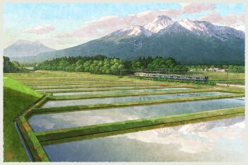blue_sky border building cloud commentary day field forest grass grey_border house japan landscape mountain mugumo_24k nature no_humans original outdoors power_lines railroad_tracks reflection reflective_liquid rice_paddy scenery sky train tree