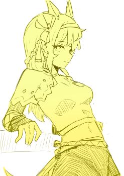 1girl absurdres animal_ears arm_support black_skirt black_sleeves blonde_hair bow breasts closed_mouth hair_bow hairband highres horse_ears horse_girl horse_race_tests leaning_back lightning_strikes_thrice long_hair long_sleeves looking_at_viewer looking_to_the_side medium_breasts midriff monochrome remise shirt simple_background skirt solo upper_body white_background yellow_hairband yellow_shirt yellow_theme