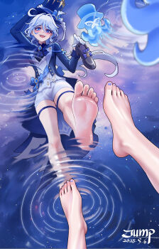 1girl absurdres barefoot blue_eyes feet furina_(genshin_impact) genshin_impact highres huahuaren_jump light_blush long_hair looking_at_viewer open_mouth reflection reflective_water shoes single_shoe soles toes unworn_shoes