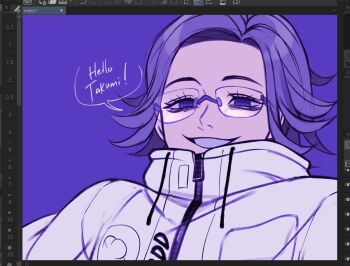 1boy aotsuki_eito art_program_in_frame commentary eitotsuki english_commentary english_text evil_grin evil_smile eyelashes glasses grey_hair grin jacket looking_at_viewer male_focus purple_background purple_eyes purple_theme short_hair simple_background smile solo speech_bubble the_hundred_line_-last_defense_academy- upper_body white_jacket