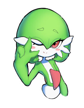 1girl arm_at_side blush blush_stickers bob_cut closed_mouth colored_skin cropped_torso female_focus flat_chest gardevoir gen_3_pokemon green_hair green_skin hair_between_eyes hand_up happy highres looking_at_viewer multicolored_skin nintendo one_eye_closed pokemon pokemon_(creature) raised_eyebrows red_eyes sara_(sublender1234) short_hair simple_background smile solo split_mouth two-tone_skin upper_body v v_over_eye white_background white_skin wink