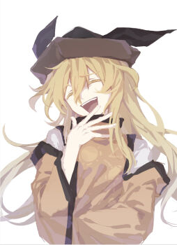 1girl ^_^ black_hat blonde_hair chinese_commentary closed_eyes commentary_request hair_between_eyes hand_up hat highres laughing long_hair long_sleeves matara_okina orange_tabard simple_background smile solo tabard teeth touhou upper_body upper_teeth_only white_background wide_sleeves y_h
