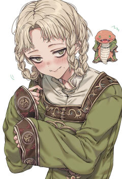 Rule 34 | 1girl, ^^^, blush, braid, brown hair, chibi, chibi inset, closed mouth, commentary request, elden ring, fangs, green eyes, green robe, hair rings, highres, kayanogura, long sleeves, open mouth, robe, rya (elden ring), simple background, sleeves past wrists, twin braids, white background, wide sleeves