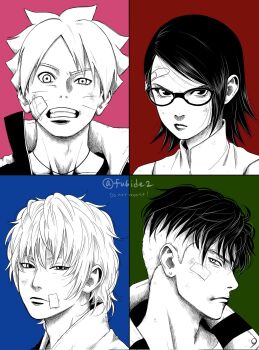 1girl 3boys bandaid bandaid_on_cheek bandaid_on_face bandaid_on_forehead boruto:_naruto_next_generations bruise bruise_on_face clenched_teeth commentary_request dirty dirty_face earrings eyebrow_piercing face_piercing facial_mark frown greyscale_with_colored_background hatching_(texture) highres injury jewelry kawaki_(boruto) matsu_(fu6ide2) medium_hair mitsuki_(naruto) multicolored_hair multiple_boys naruto_(series) necklace piercing serious stud_earrings teeth twitter_username two-tone_hair uchiha_sarada undercut uzumaki_boruto watermark whisker_markings