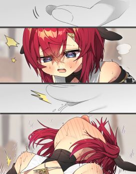 Rule 34 | 1girl, ange katrina, bare shoulders, blue eyes, blush, clitoral stimulation, commentary request, crossed bangs, double-parted bangs, female masturbation, full-face blush, hair between eyes, harumina mau, head back, highres, masturbation, nijisanji, red hair, short hair, sweat, tongue, tongue out, virtual youtuber