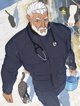 Rule 34 | 1boy, bara, beard, black jacket, black pants, bucket, cat, commentary, cow, doctor, facial hair, full beard, grey eyes, highres, holding, holding bucket, jacket, looking down, male focus, mature male, multiple cats, muscular, muscular male, old, old man, original, outdoors, pants, sa1k0p, short hair, smile, solo, stethoscope, symbol-only commentary, thick eyebrows, walking, white hair