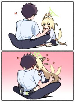 1boy 1girl absurdres animal_ear_fluff animal_ears black_sailor_collar blonde_hair blue_archive blue_sailor_collar blush collared_shirt commentary_request fox_ears fox_girl green_eyes green_halo hair_between_eyes halo highres hug je_o_mo korean_commentary kurumi_(blue_archive) long_hair long_sleeves neckerchief sailor_collar school_uniform sensei_(blue_archive) serafuku shirt short_sleeves skirt triangle_halo two_side_up very_long_hair white_shirt