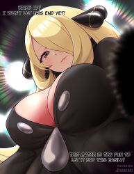 Rule 34 | 1girl, absurdres, black shirt, blonde hair, blurry, breasts, cleavage, closed mouth, creatures (company), cynthia (pokemon), depth of field, english text, from below, fur collar, game freak, grey eyes, hair ornament, hair over one eye, highres, kaos art, large breasts, lens flare, lights, lips, long hair, looking at viewer, looking down, nintendo, pokemon, pokemon dppt, pov, shirt, solo
