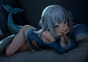 1girl absurdres backlighting blue_eyes blue_hair blush commentary_request fang fins fish_tail gawr_gura gawr_gura_(1st_costume) hair_ornament head_rest highres hololive hololive_english indoors long_hair long_sleeves looking_at_viewer mochitsuki_karen multicolored_hair night open_mouth shark_tail smile streaked_hair stuffed_animal stuffed_shark stuffed_toy tail white_hair