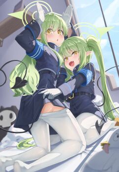 2girls :d absurdres armband arms_up ass belt belt_buckle black_belt black_tail blue_archive blue_armband blue_jacket blue_shorts blue_skirt blue_sky blush buckle clothes_lift clothes_pull cloud demon_girl demon_tail earrings fang feet furrowed_brow gloves green_hair green_halo hair_over_shoulder halo highres hikari_(blue_archive) huge_filesize indoors jacket jewelry lifting_another&#039;s_clothes loli long_hair long_sleeves looking_at_viewer looking_back mesugaki miniskirt multiple_girls nozomi_(blue_archive) on_bed open_mouth pantyhose pantyhose_pull pantyhose_under_shorts peroro_(blue_archive) pointy_ears rabbit_pose shizuki_eri short_shorts shorts siblings sidelocks sisters skirt skirt_lift skullman_(blue_archive) sky sleeve_cuffs smile smug straight_hair tail twins twintails v-shaped_eyebrows very_long_hair very_long_tail white_gloves white_pantyhose wide_sleeves window yellow_eyes