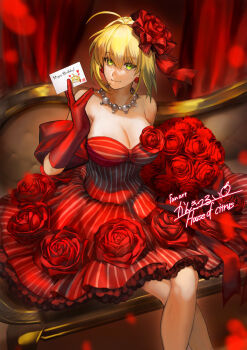 1girl ahoge bare_shoulders blonde_hair braid breasts card cleavage dress elbow_gloves fate/grand_order fate_(series) flower gloves green_eyes hair_bun hair_intakes hair_ribbon highres kankitsurui_(house_of_citrus) large_breasts long_hair looking_at_viewer nero_claudius_(fate) red_dress red_gloves red_ribbon ribbon rose smile solo