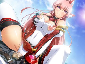 1boy 1girl 8000 assertive_female bare_shoulders belt black_gloves blush breasts censored chest_jewel cleavage cleavage_cutout closed_mouth clothed_sex clothing_aside clothing_cutout cloud covered_navel cowgirl_position cum cum_in_pussy cum_overflow day deep_skin detached_sleeves dutch_angle elbow_gloves exs-tia_chevalier exs-tia_chevalier_(exs-tia_2) game_cg girl_on_top gloves grabbing_own_breast happy_sex headgear heart heart_cutout hetero kouyoku_senki_exs-tia large_breasts large_variant_set lens_flare leotard long_hair looking_at_viewer magical_girl male_pubic_hair mosaic_censoring nipple_cutout nippleless_clothes nipples non-web_source official_art open_fly outdoors pants penis penis_out pink_eyes pink_hair pleated_skirt ponytail pov pubic_hair purple_eyes rieszverne_suzette_paladill sex shiny_skin skin_tight skirt sky smile solo_focus spread_legs straddling sun sweat thighhighs torn_clothes torn_leotard vaginal variant_set very_long_hair white_leotard