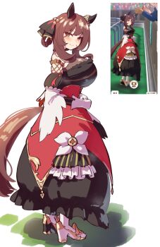 1girl animal_ears asymmetrical_footwear bare_shoulders black_dress blush braid braided_hair_rings breasts brown_hair closed_mouth commentary corset detached_sleeves dress ear_covers ear_ornament english_commentary game_screenshot_inset gentildonna_(regina_dei_fiori)_(umamusume) gentildonna_(umamusume) gloves hair_between_eyes hair_ornament hair_rings highres horse_ears horse_girl horse_tail large_breasts long_hair looking_at_viewer mismatched_footwear red_corset red_eyes screenshot_inset see-through_cleavage see-through_clothes smile tail thighhighs umamusume vinsycal white_gloves white_thighhighs