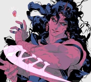 1boy arm_blade battle_tendency earrings gem highres horns jewelry jojo_no_kimyou_na_bouken kars_(jojo) long_hair looking_to_the_side makeup male_focus manly mgong520 muscular muscular_male red_eyes red_gemstone red_stone_of_aja ring solo topless_male wavy_hair weapon