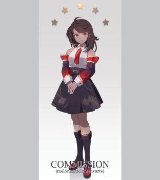 1girl 2022 artist_name bare_legs black_boots black_skirt boots border breasts brown_eyes brown_hair collared_shirt commentary commission cuffs dark-skinned_female dark_skin detached_sleeves english_commentary female_focus gradient_background grey_border light_smile looking_at_viewer medium_breasts medium_hair meloni_shvarts necktie original own_hands_together red_necktie red_sleeves red_trim shirt simple_background skirt solo standing star_(symbol) white_background