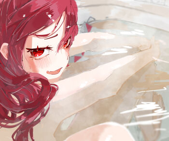 Rule 34 | 1girl, bathing, bathtub, blurry, blurry background, blush, commentary, completely nude, depth of field, embarrassed, eyelashes, fang, from behind, from side, hair down, hair undone, hands on own knees, highres, kasane teto, knees up, long hair, looking at viewer, looking back, looking to the side, looking up, loose hair strand, messy hair, naughty face, norihata, nude, open mouth, partially immersed, pov, raised eyebrows, red eyes, red hair, shared bathing, sitting, skin fang, smile, solo focus, spooning, synthesizer v, upturned eyes, utau, water, wavy hair