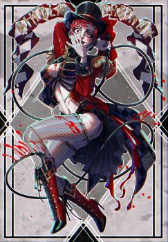 1girl absurdres beaded_eyelashes blackberreh-art blood bra breasts commentary design_speculation doll_joints english_commentary eyelashes fishnet_thighhighs fishnets gloves grin hat highres holding holding_whip joints lips makeup mannequin nikola_orsinov pale_skin red_eyes red_lips rouge_(makeup) short_hair smile solo the_magnus_archives thighhighs top_hat underwear very_short_hair whip white_gloves