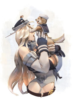 3girls absurdres animal belt blonde_hair blue_gloves blue_shirt breasts brown_belt cleavage collar commentary corset dixie_cup_hat dog elbow_gloves english_commentary eye_poke fairy_(kancolle) fingerless_gloves front-tie_top gloves grey_corset hat headgear highres holding holding_animal holding_dog iowa_(kancolle) kantai_collection large_breasts long_hair metal_collar military_hat mixed-language_commentary multiple_girls navel open_mouth poking shirt simple_background upper_body victory_(dog) white_background ye_fan