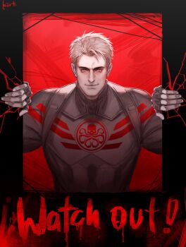 Rule 34 | 1boy, alternate universe, artist name, black bodysuit, black border, black gloves, bodysuit, border, captain america, captain america (series), chinese commentary, closed mouth, commentary request, english text, fingerless gloves, fingernails, gloves, grey hair, hands up, highres, lips, looking at viewer, male focus, mare hane, marvel, octopus print, outside border, pale skin, red background, red eyes, short hair, simple background, smile, solo, steve rogers