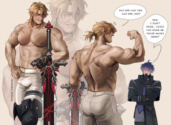 2boys arm_hair back bara beard_stubble biceps black_gloves blonde_hair blue_hair blush chest_hair coat collared_coat commentary cross_scar darksideofkira english_commentary english_text facial_hair facial_scar fingerless_gloves flexing flins_(genshin_impact) from_behind genshin_impact gloves hair_between_eyes hairy hand_on_own_hip long_sleeves looking_at_another male_focus mullet multicolored_hair multiple_boys multiple_scars multiple_views muscular muscular_male navel navel_hair nipples pants patreon_username pectorals ponytail scar scar_on_arm scar_on_back scar_on_cheek scar_on_chest scar_on_face speech_bubble standing stubble topless_male two-tone_hair varka_(genshin_impact) veins veiny_arms white_hair white_pants wolf's_gravestone_(genshin_impact) yaoi yellow_eyes zoom_layer