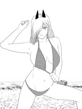 1girl bikini bikini_pull bikini_top_pull boat breasts chainsaw_man clothes_pull commentary covered_erect_nipples cross-shaped_pupils demon_girl demon_horns fujimoto_tatsuki_(style) greyscale hair_over_one_eye highres horns large_breasts long_hair looking_at_viewer monochrome nanami_toga navel ocean outdoors power_(chainsaw_man) solo swimsuit symbol-shaped_pupils watercraft