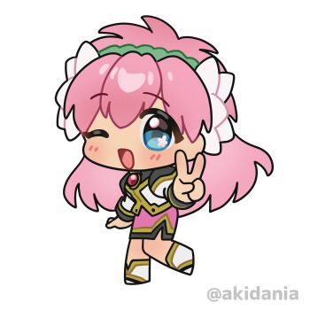 Rule 34 | 1girl, ;d, absurdres, angel wing uniform, blue eyes, chibi, flower, full body, galaxy angel, green hairband, hair flower, hair ornament, hairband, highres, kitaru, long hair, looking at viewer, milfeulle sakuraba, monocle chain, one eye closed, open mouth, pencil skirt, pink hair, skirt, smile, solo, twitter username, v, white background