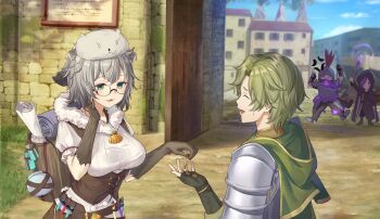 +_+ 1girl 3boys :3 anger_vein animal_ears arm_armor arm_up armor backpack bag black_cloak black_fur blank_eyes blue_sky body_fur bottle breasts brooch brown_bag brown_corset cape character_request cloak closed_eyes cloud coin corset day deformed fingerless_gloves full_armor fur_trim game_cg gloves green_cape green_eyes green_gloves green_hair grey_hair hair_over_one_eye hand_on_own_neck holding holding_coin jewelry kawasumi_itsuki knight knight_leader_of_melromarc large_breasts magic motion_lines multiple_boys nimo_(tate_no_yuusha_no_nariagari) non-web_source official_art open_mouth plume potion purple_hair scroll shell_brooch short_sleeves sign sky small_sweatdrop sparkle tate_no_yuusha_no_nariagari tate_no_yuusha_no_nariagari_rise test_tube town wand welst_(tate_no_yuusha_no_nariagari)