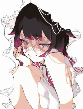 1girl absurdres bare_legs bare_shoulders black_hair center-flap_bangs close-up colored_tips columbina_(genshin_impact) dress genshin_impact hair_flaps highres knees_to_chest lace_mask long_hair mask multicolored_hair pout purple_eyes sa_3987 sidelocks simple_background solo squatting white_background white_dress white_mask