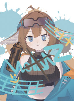 Rule 34 | 1girl, aciddrop (afternoon teatime) (arknights), aciddrop (arknights), ahoge, arknights, bare shoulders, blue eyes, blue jacket, breasts, brown hair, brown shirt, can, closed mouth, commentary, english commentary, feathered wings, goggles, goggles on head, graffiti, grey wings, hand up, head wings, highres, holding, holding can, jacket, large breasts, navel, off shoulder, open clothes, open jacket, paint splatter, ribbed shirt, roi 423, shirt, sleeveless, sleeveless shirt, smile, solo, spray can, upper body, wings