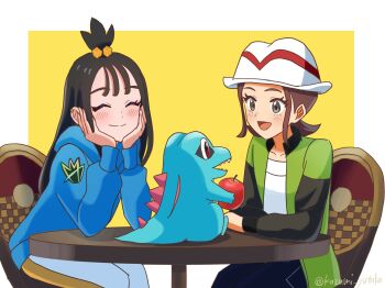 2girls black_hair blue_hoodie cube_hair_ornament denim earclip food fruit gen_2_pokemon green_jacket hair_ornament hand_on_own_chin harmony_(pokemon) hat highres holding holding_food holding_fruit hood hoodie jacket jeans kazumi_yutaka lida_(pokemon) multiple_girls nintendo pants pokemon pokemon_legends:_z-a shirt striped_hat topknot totodile two-tone_legwear white_hat white_shirt wispy_bangs
