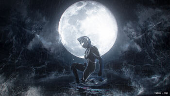 Rule 34 | 1boy, 295609159hhj, absurdres, alien, armor, black skin, black sky, blue gem, blue skin, breastplate, clenched hands, color timer, colored skin, commentary, compound eyes, dorsal fin, english commentary, figure (medium), forehead jewel, full moon, gem, giant, giant male, glowing, glowing eyes, highres, kneeling, looking down, male focus, moon, moonlight, multicolored skin, night, no pupils, ocean, on one knee, outdoors, pectorals, photo (medium), photoshop (medium), shoulder armor, silver skin, silver trim, sky, solo, tokusatsu, toned, toned male, ultra series, ultraman agul, ultraman gaia (series), wading, waves, white eyes