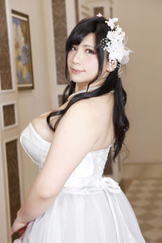 1girl asian black_hair breasts bride chouzuki_maryou cleavage dress highres lipstick makeup photo_(medium) plump solo wedding_dress