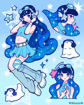 1girl belt blue_background blue_eyes blue_hair blue_shirt blue_skirt blue_theme blunt_bangs boots creature crop_top earrings fingerless_gloves gloves headphones highres jewelry multiple_views original parted_lips pastel_colors profile shirt skirt sleeveless socks sparkle vicki_tsai